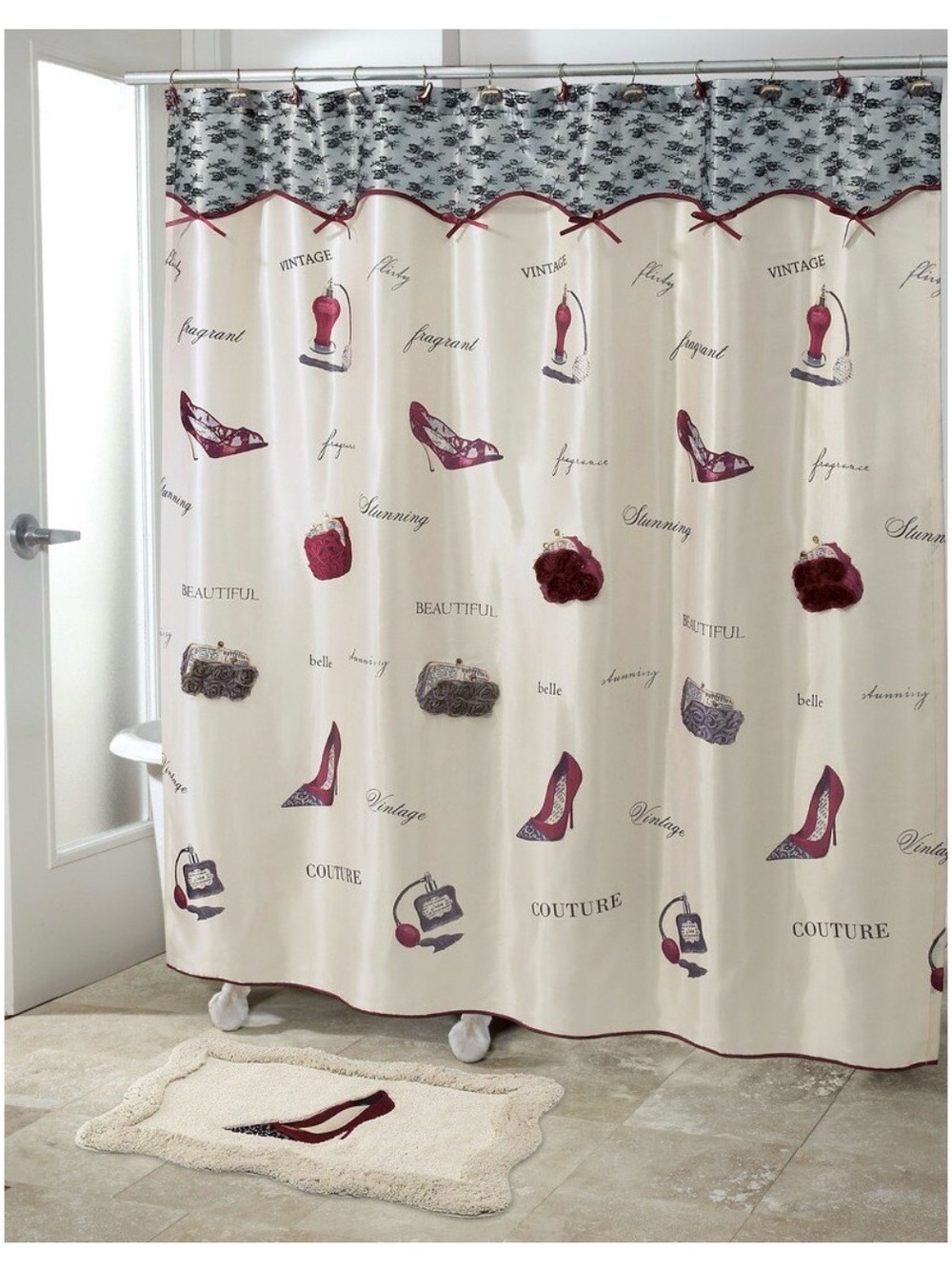 Avanti Cream and Burgundy Couture Shower Curtain